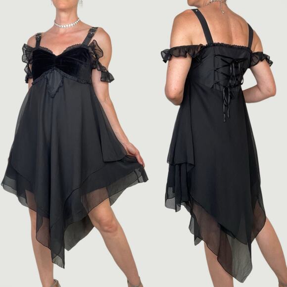 Funhouse gothic corset lace-up midi‎ dress ruffle buckle sleeve whimsigoth goth - Picture 3 of 15